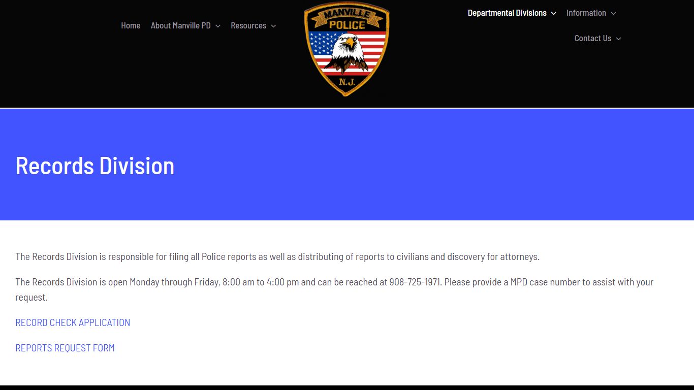 Records Division – Manville NJ Police Department